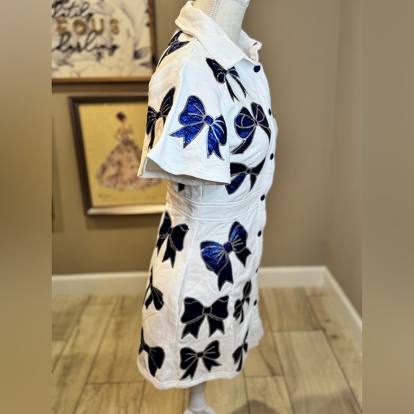 New! QUEEN OF SPARKLES White Dress with Sequin Metallic Blue Bow Accents - Picture 6 of 10